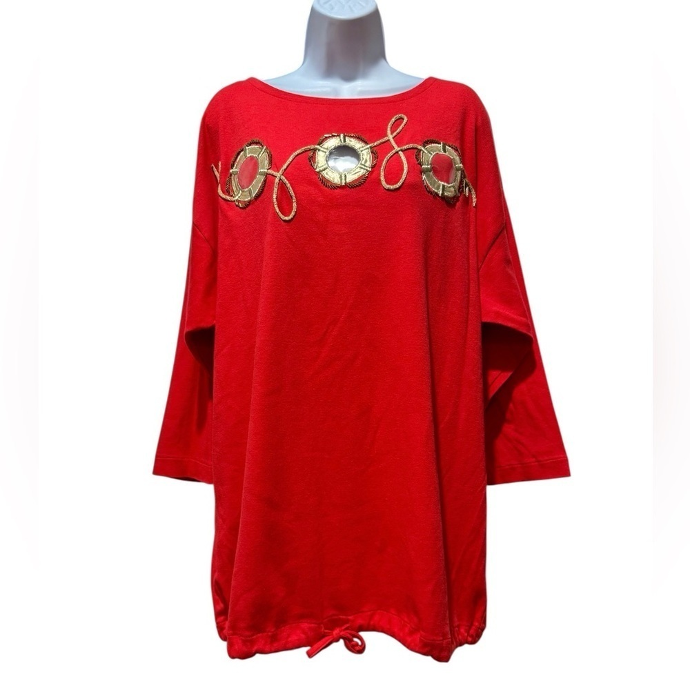 Vintage Spree Woman Red Embellished Top Size 2X Nautical Gold Rope Buoy Tie Hem